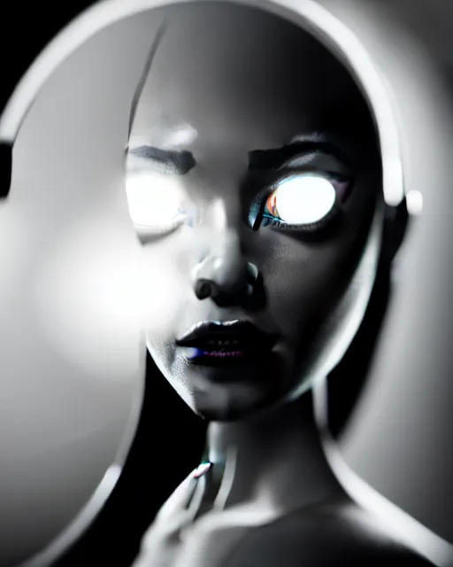 Image similar to black and white high quality photo of a female AI-queen-dragon-cyborg-doll looking into a sci-fi mirror, volumetric lighting, brutalism, foggy, dreamy, hyperdetailed, bokeh, photorealistic, cinematic, masterpiece, elegant, dark, in the style of Man Ray, octane render, 8K,