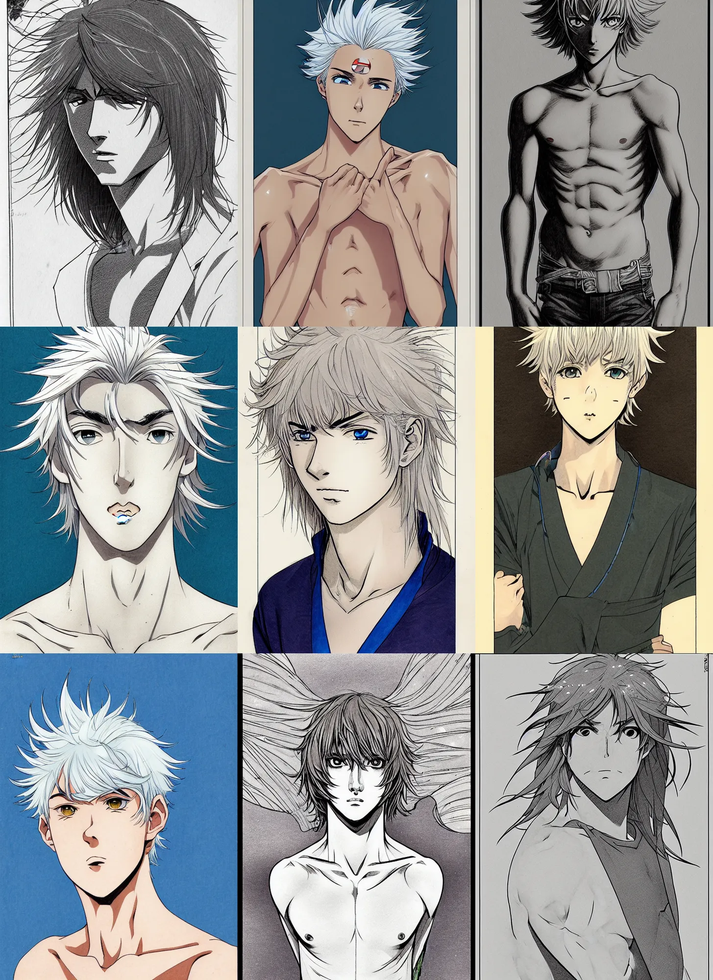 Prompt: young teen bishonen male! scrawny white haired merman! anime! moebius, milo manara, hugo pratt, french comic art, semi - realistic anime, portrait, beautiful face, symmetrical face, trending on pixiv, detailed, clean lines, sharp lines, crisp lines, award winning illustration, masterpiece, 4 k