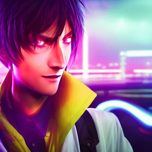 Image similar to lelouch lamperouge in a neon city, octane render 8 k, photorealistic render, atmospheric render, beautiful face, realistic skin, professional photography, realistic reflections, eccentric man