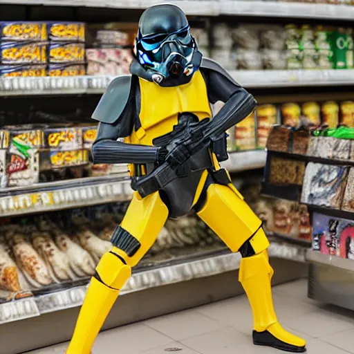 Prompt: Star wars troopers fighting with bananas in a supermarkets fish area, the star wars troopers try shooting and hitting other troopers with bananas, high perspective inside the store, 40nm lens, shallow depth of field, split lighting, 4k,
