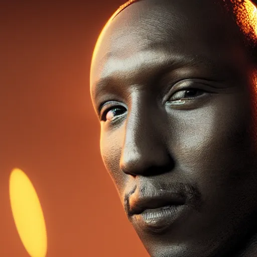 Image similar to mahershala ali portrait, dystopia core, apocalyptic, armor, warrior, dramatic, sharp focus, fiction, neon, fantasy, hyper detailed, digital art, trending in artstation, cinematic lighting, studio quality, smooth render, unreal engine 5 rendered, octane rendered, art style and nixeu and wlop and krenz cushart
