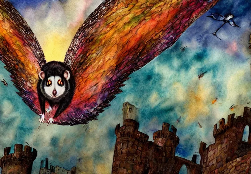 Image similar to legendary colorful winged possum flying over a medieval castle at night under the dark starred sky, dark fantasy, watercolor, dreaming illusion, highly detailed, 4k, trending on Artstation