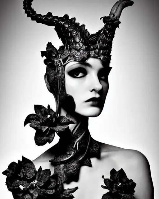 Prompt: a black and white high quality dreamy photo of a young beautiful female queen-pale dragon-vegetal-many flower-cyborg bust with a very long neck, elegant, highly detailed, poetic, soft, dreamy, mysterious, high fashion, rim light, in the style of Ellen von Unwerth, Realistic, Refined, Digital Art, Highly Detailed, Cinematic Lighting, rim light, black and white, photo-realistic, 8K