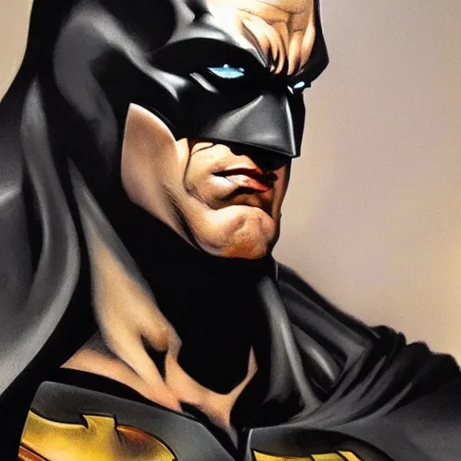 Image similar to An ultra-realistic portrait painting of Batman in the style of Frank Frazetta. 4K. Ultra-realistic. Highly detailed. Dark fantasy. Epic lighting.