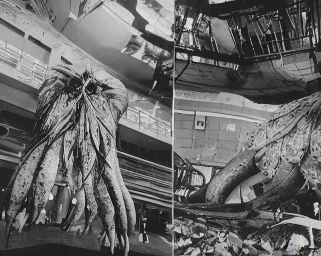 Image similar to camera footage of a extremely aggressive Giant mutated Octopus with glowing white eyes in an abandoned shopping mall, Psychic Mind flayer, Terrifying :7 , high exposure, dark, monochrome, camera, grainy, CCTV, security camera footage, timestamp, zoomed in, Feral, fish-eye lens, Fast, Radiation Mutated, Nightmare Fuel, Wolf, Evil, Bite, Motion Blur, horrifying, lunging at camera :4 bloody dead body, blood on floors, windows and walls :5