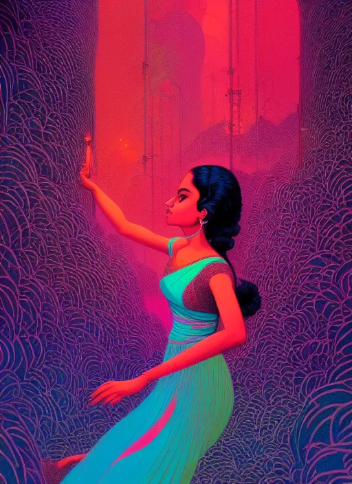 Prompt: sensual beautiful young indian girl in a lbd at a bar, dancing in the background, epic scene, by victo ngai, kilian eng vibrant colours, dynamic lighting, digital art, winning award masterpiece, fantastically beautiful, illustration, aesthetically inspired by beksinski and dan mumford, trending on artstation, art by greg rutkowski, 8 k