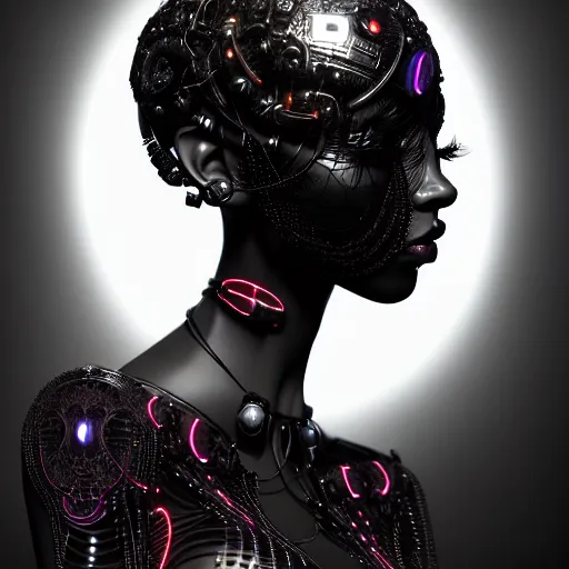 Image similar to portrait of an absurdly beautiful, graceful, sophisticated, fashionable black cyberpunk mechanoid gravure idol, hyperdetailed illustration by irakli nadar, adut akech, matt wisniewski style, intricate linework, dark black porcelain skin, jellyfish headdress, unreal engine 5 highly rendered, global illumination, red light, detailed and intricate environment