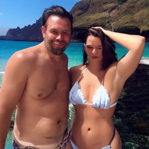 Prompt: photo of a 4 0 year old man that looks young for his age dating a very attractive 2 2 year old woman wearing a bikini. she doesn't cre aboht his age.