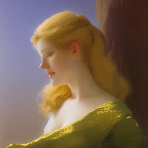 Image similar to a young woman's face, her hair is gold and she wears an cobalt blue satin cloak, by ivan aivazovsky and syd mead and moebius and gaston bussiere and roger dean and pieter claesz and paul delaroche and alma tadema and aelbert cuyp and jan eyck, hyperrealistic, volumetric light, octane render