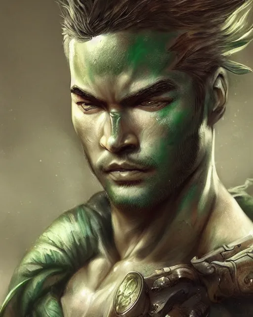 Prompt: portrait of a male warrior, fierce, masculine, ross tran, muted colors, green + eyes!!!!!!!!!!!, highly detailed sculpture, intricate detailed, ommatidia, 8 k, cinematic atmosphere