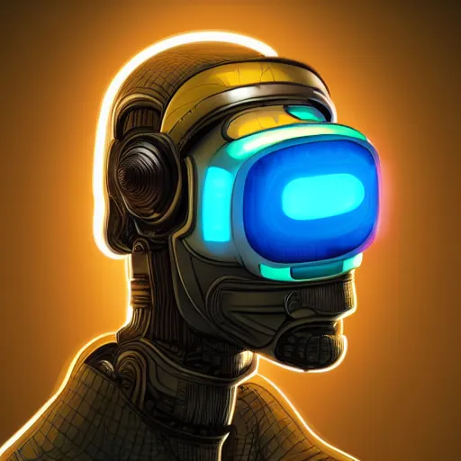 Prompt: retro vintage sci - fi, cyber robot wearing vr headset, 3 d illutration, profile face portrait, night, detailed, cyberpunk style, character, ai, detailed,