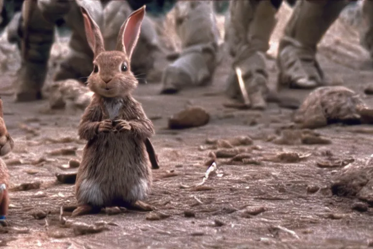 Image similar to Peter Rabbit in Starship Troopers (1997), highly detailed, high quality, HD, 4k, 8k, Canon 300mm, professional photographer, 40mp, lifelike, top-rated, award winning, realistic, sharp, no blur, edited, corrected, trending