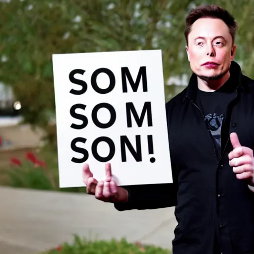 Image similar to a medium shot photograph of elon musk holding a sign with the word soon on it, 4k, ultra HD