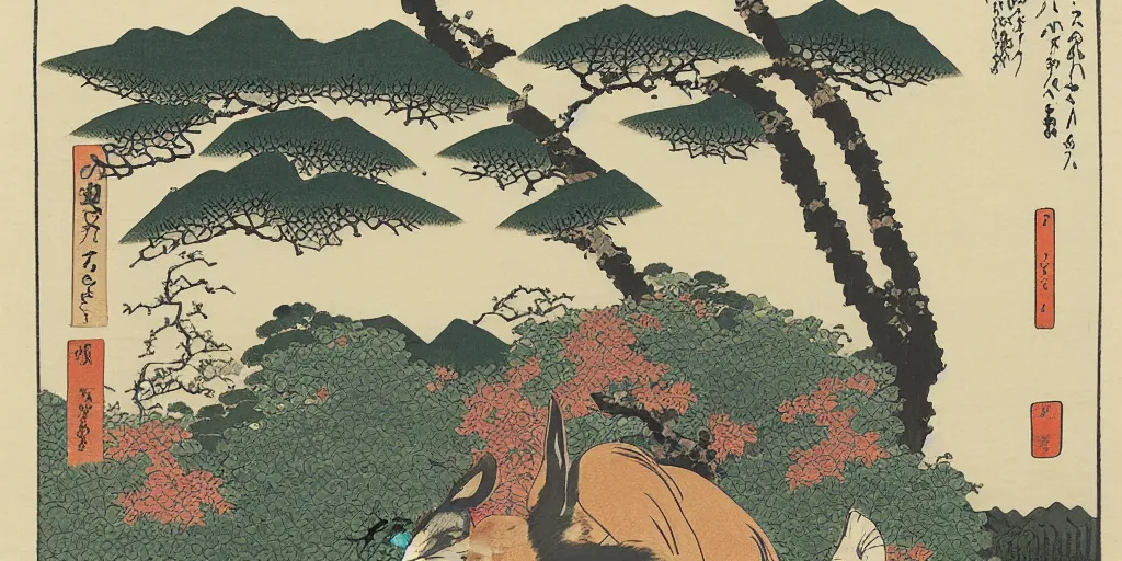 Prompt: ukiyo - e woodblock print of a rabbit on top of a hill, trees in the background, by hokusai