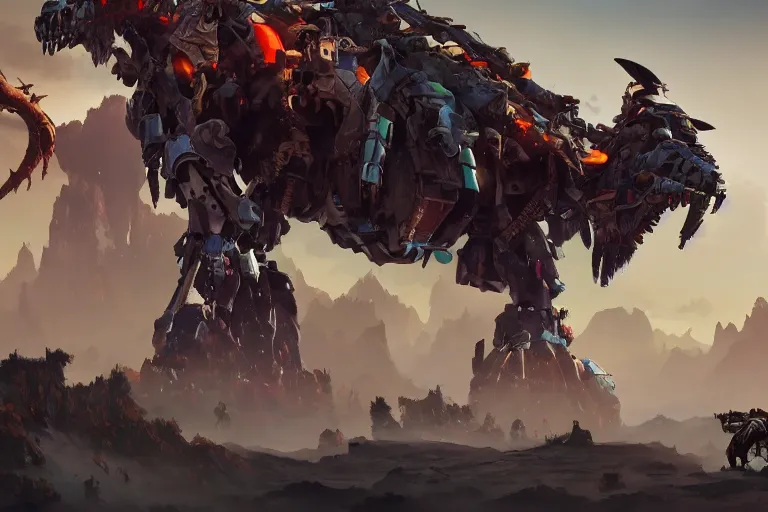 Image similar to grimhorn fanghorn machine mecha animal beast robot of horizon forbidden west horizon zero dawn bioluminiscence global illumination ray tracing hdr fanart arstation by sung choi and eric pfeiffer and gabriel garza and casper konefal