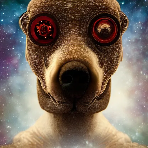 Image similar to a beautiful ultradetailed fine art photo of an ancient aztec hairless cybernetic cyborg dog set against galactic space, by tom bagshaw and anna dittman, portrait, soft backlighting, robotic arch around the dog, 5 0 mm lens, golden ratio composition, detailed faces, studio lighting, very detailed, industrial mechanical robot dogs, artstation, 8 k, highly coherent