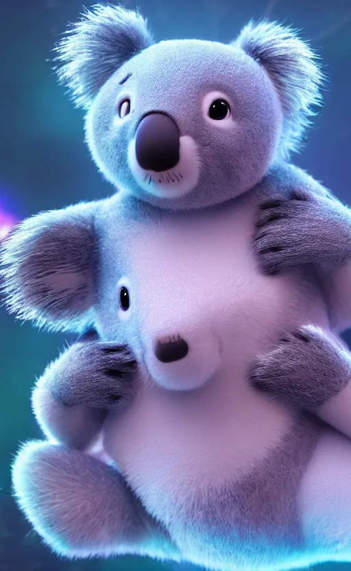 Prompt: koala bear wearing socks, magical city, water bear, cute, electric, furry, soft, concept art, intricate details, highly detailed, photorealistic, disney pixar, octane render, iridescent, anime, 8 k