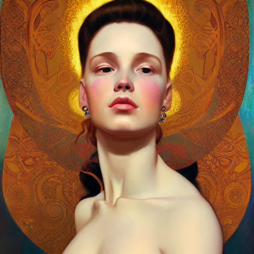 Image similar to modern woman | hyperrealistic | digital painting | trending on artstation | pinup portrait | clean | illustration | dressed | Unreal Engine 5 | 8k resolution | by Greg Rutkowski Alphonse Mucha Gustav Klimt and Mel Ramos