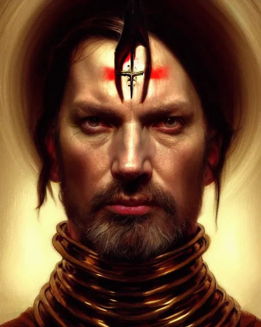 Image similar to realistic portrait of a nasty bishop, cross, evil, heroic pose, beautiful face, bible, full body, dramatic lighting, intricate, wild, highly detailed, digital painting, artstation, concept art, smooth, sharp focus, illustration, art by artgerm and greg rutkowski and alphonse mucha, footage from space camera