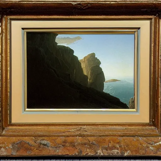 Image similar to caspar david friedrich oil painting of a cliff with a woman's face shape in the rocks,