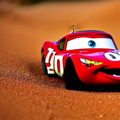 Image similar to lightning mcqueen car driving on wet sand on beach, evening, photo, 4 k, highly detailed