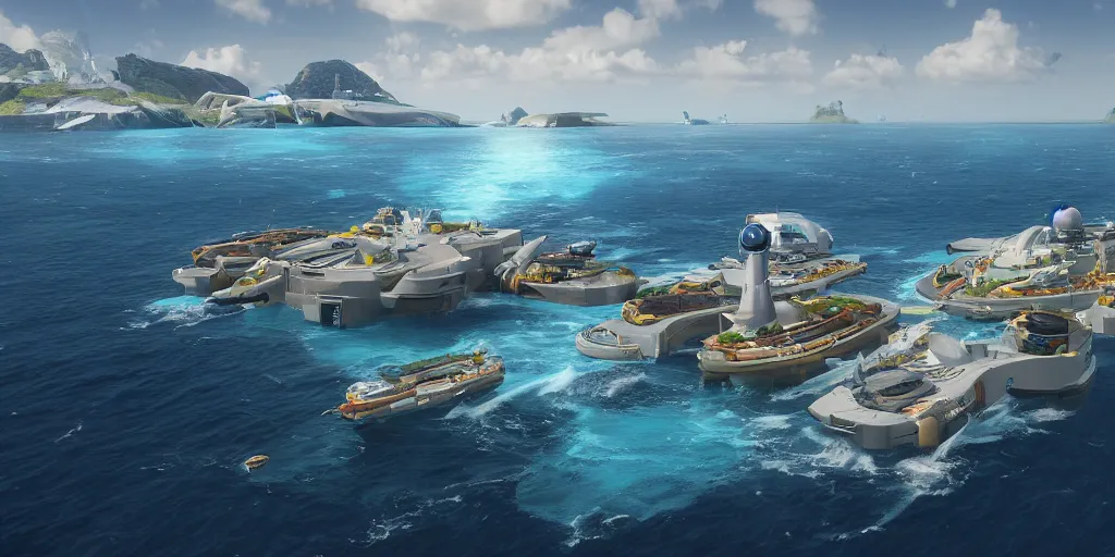 Prompt: a view from a boat of a seasteading community on the open ocean, fusion of subnautica and star trek, by noriyoshi ohrai, beautifully detailed 4 k octane render, 4 k post processing