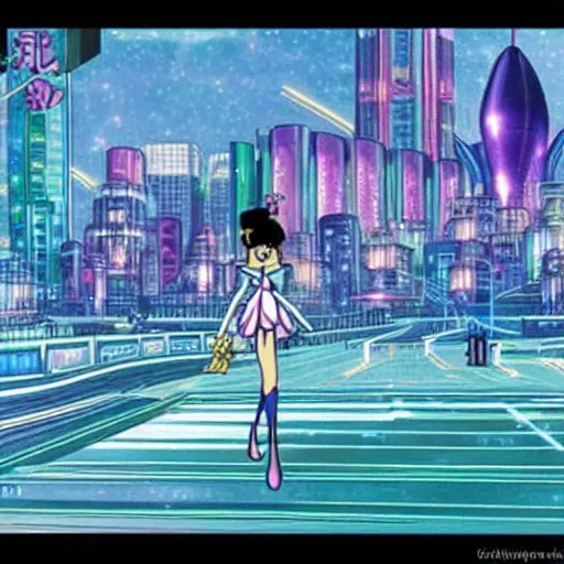 Image similar to Crystal Tokyo from Sailor Moon, circa the year 2994