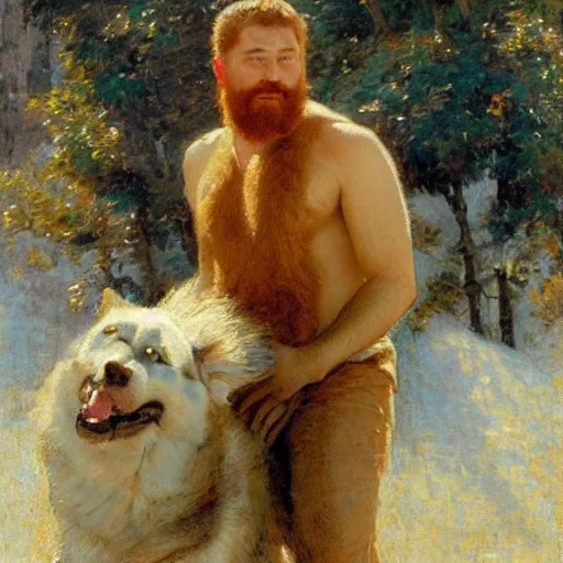 Image similar to a bearded, ginger, hairy man with an husky body type, painting by Gaston Bussiere, Craig Mullins