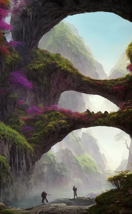 Image similar to a beautiful hyper realistic detailed matte painting of a perfect stone archway over a pathway through a dense colorful forest, dramatic mountains in background, dramatic lighting, dynamic lighting, cinematic lighting, lit by morning light, by raphael lacoste and john howe and andreas rocha, unreal engine, featured on artstation, ultrawide angle, f 8, polarizer filter