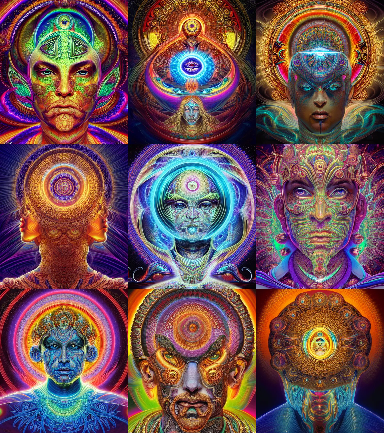 Image similar to a intricate ornate psychedelic image of a god with a glowing third eye, digital art by artgerm, alex grey, dan mumford, felix kelly, psychedelic art, psychedelic, fractalism, fractals, sacred geometry, trending on artstation, hyper realism, highly detailed, cgsociety, octane render, raytracing, 3 d