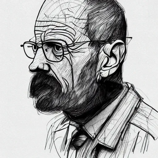 Image similar to a realistic yet scraggly portrait sketch of the side profile of a stern and sophisticated walter white, trending on artstation, intricate details, in the style of frank auerbach, in the style of sergio aragones, in the style of martin ansin, in the style of david aja, in the style of mattias adolfsson