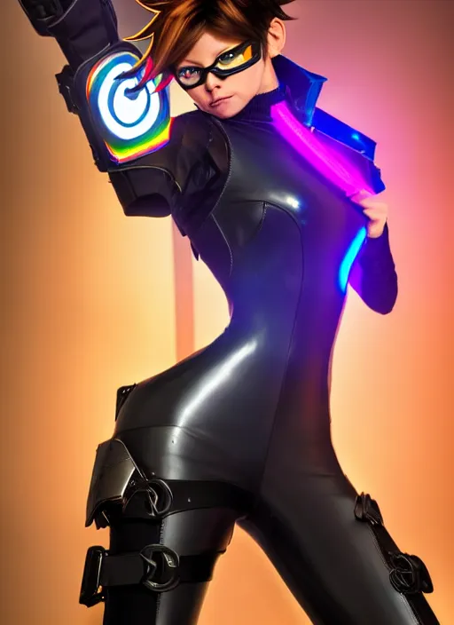 Image similar to full body digital artwork of tracer overwatch, wearing black iridescent rainbow latex, 4 k, expressive happy smug expression, makeup, in style of mark arian, wearing detailed black leather collar, wearing sleek armor, black leather harness, expressive detailed face and eyes,