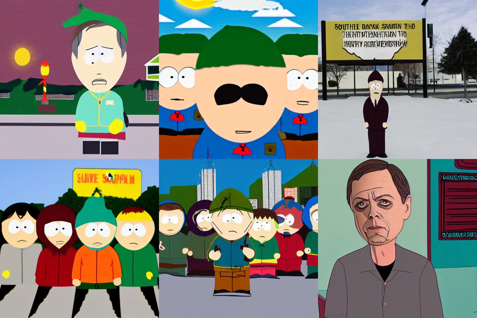 Prompt: Southpark Steve buscemi. school is in the background, it is afternoon, the sun is shining. wide shot.