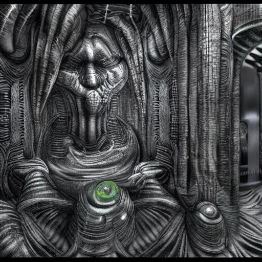 Prompt: HYPER REALISTIC VFX SIMULATION of one of H.R GIGER'S works