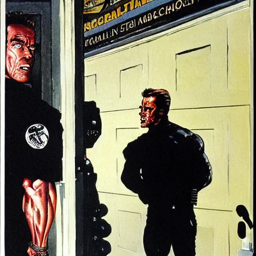 Image similar to arnold schwarzenegger as the terminator is refused entry to a nightclub by a doorman, who fears a repeat of last time, painted by norman rockwell and tom lovell and frank schoonover