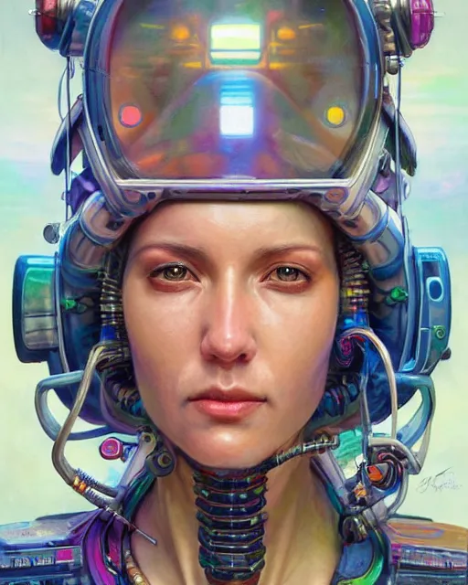 Prompt: a futuristic hippie wearing tie - dye and cybernetic - implants | cyberpunk art | highly detailed | very intricate | symmetrical | cinematic lighting | award - winning | closeup portrait | painted by donato giancola and mandy jurgens and rossdraws and rhads | featured on artstation