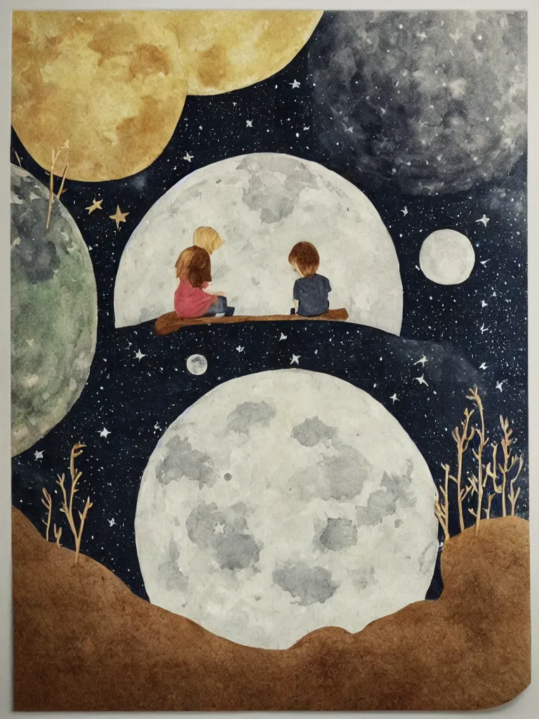 Image similar to sitting in the moon by storybook artists, blunt borders, rule of thirds, soft light, whimsical!!