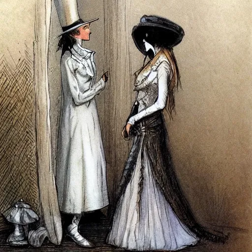Image similar to a mummy in victorian clothes and a top hat has an intimate conversation with a woman in victorian clothes, graphic novel style by alan lee and john howe
