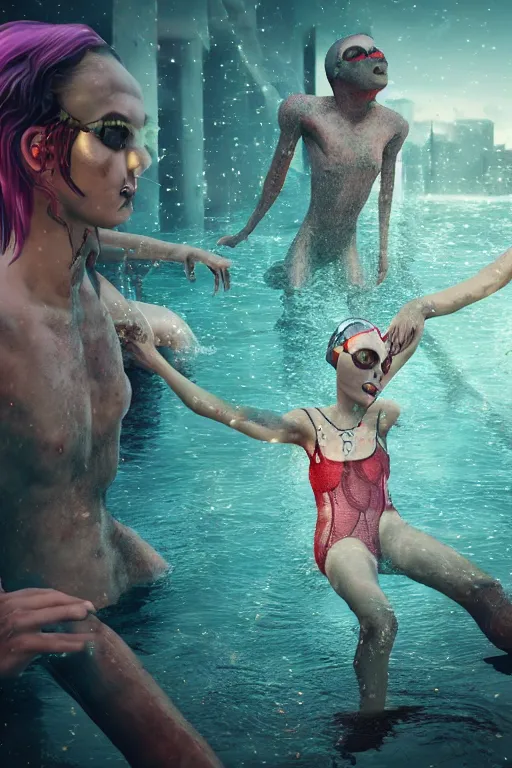 Prompt: summer swimming party, dark fantasy, body horror, cyberpunk, octane render