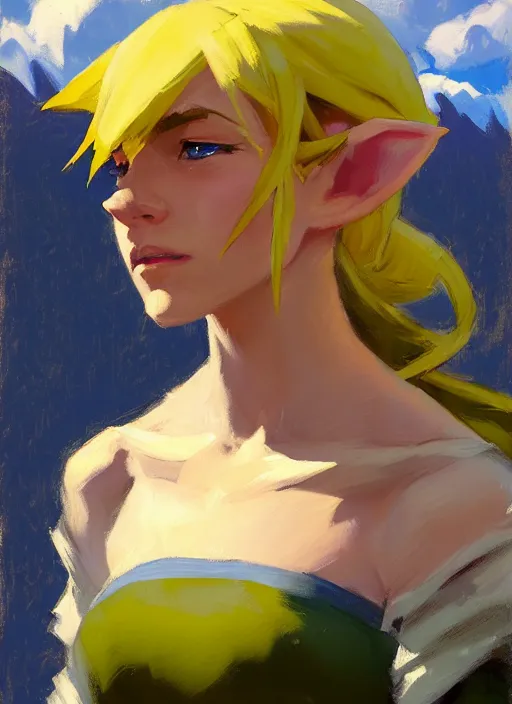 Prompt: Greg Manchess painting of a female Link from Legend of Zelda, countryside, calm, fantasy character portrait, dynamic pose, above view, sunny day, thunder clouds in the sky, artwork by Jeremy Lipkin and Giuseppe Dangelico Pino and Michael Garmash and Rob Rey, very coherent asymmetrical artwork, sharp edges, perfect face, simple form, 100mm