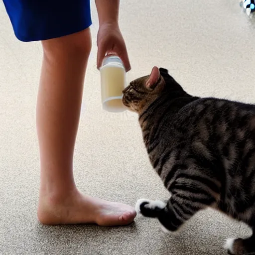 Image similar to human giving milk bottle to a cat