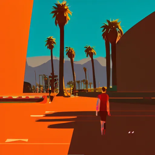 Prompt: a beautiful illustration of palm springs by James gilleard, artstation HD, geometric lines, HD, 4k, 8k