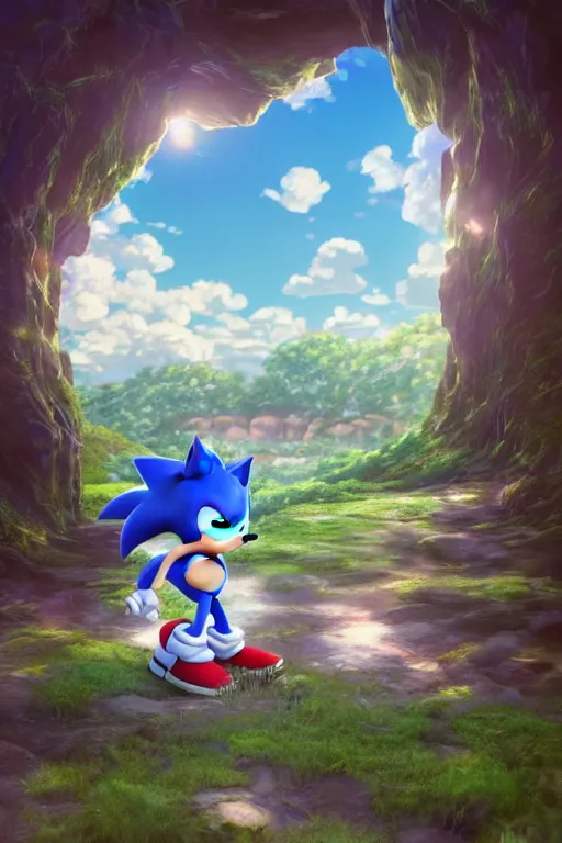 Image similar to sonic the hedgehog windows xp, serene evening atmosphere, soft lens, soft light, cel - shading, animation, in the style of cgsociety, deviantart, artstation, zbrush, cinema 4 d, studio ghibli, akihiko yoshida, atelier lulua, masamune shirow