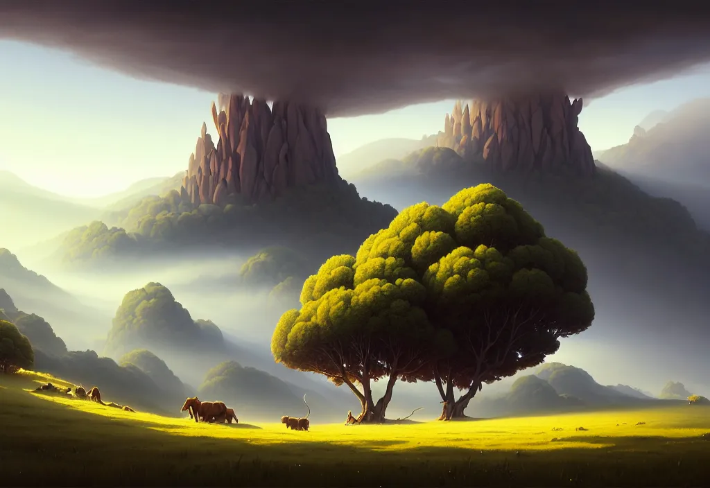 Image similar to dionisio landscape without people, high trees, top of the hill, above low layered clouds, deep focus, fantasy, intricate, elegant, highly detailed, digital painting, artstation, concept art, matte, sharp focus, illustration, hearthstone, art by rhads and artgerm and greg rutkowski and gediminas pranckevicius