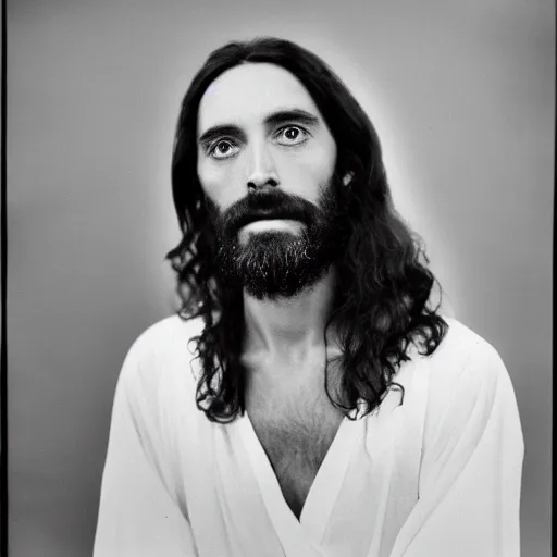 Prompt: Jesus moments after the DMT hallucinations began. Close-up studio portrait photo by Annie Leibovitz. Tri-x.