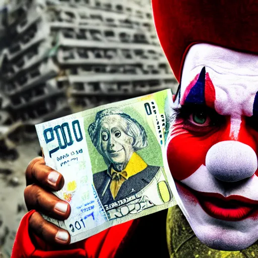 Image similar to A clown holding a dollar banknote, background is a slum, cinematic, epic, highly-detailed, photo realistic