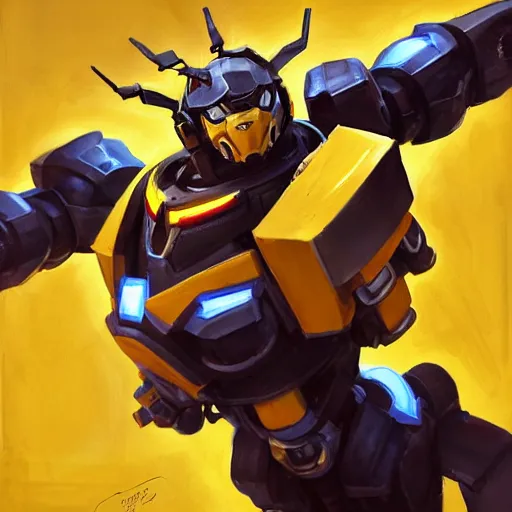 Image similar to greg manchess portrait painting of bumblebee the transformer as overwatch character, medium shot, asymmetrical, profile picture, organic painting, sunny day, matte painting, bold shapes, hard edges, street art, trending on artstation, by huang guangjian, gil elvgren, ruan jia, greg rutkowski, gaston bussiere