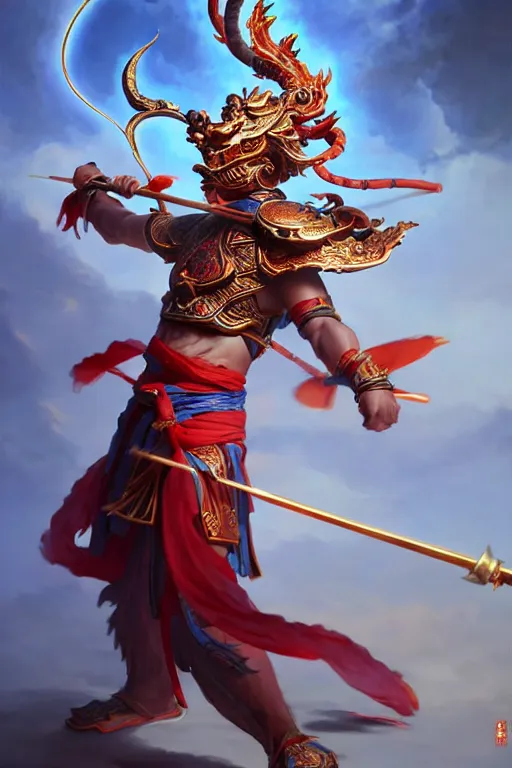 Image similar to cute nezha, highly detailed, man holding spear, flame everywhere, epic pose, masterpiece chinese fantasy character portrait, highly detailed, digital painting, trending on artstation, concept art, sharp focus, illustration, global illumination, ray tracing, realistic shaded, art by artgerm and greg rutkowski and fenghua zhong and brian sum and raymond swanland