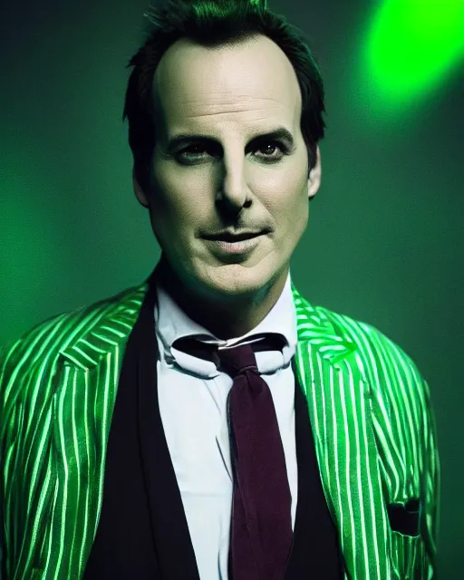 Image similar to Will Arnett as Beetlejuice, green hair, cinematic lighting, 4k portrait photograph