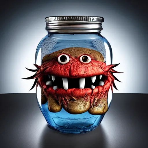 Prompt: Evil monster in a jar by John Howe, product photography, centered, studio lightning